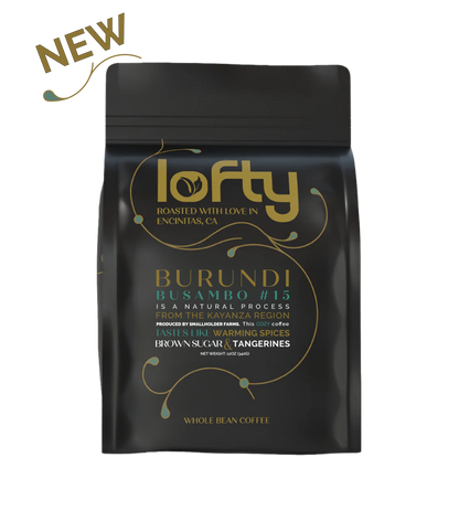The front view of Lofty Coffee's NEW Burundi Busambo #15 coffee bag