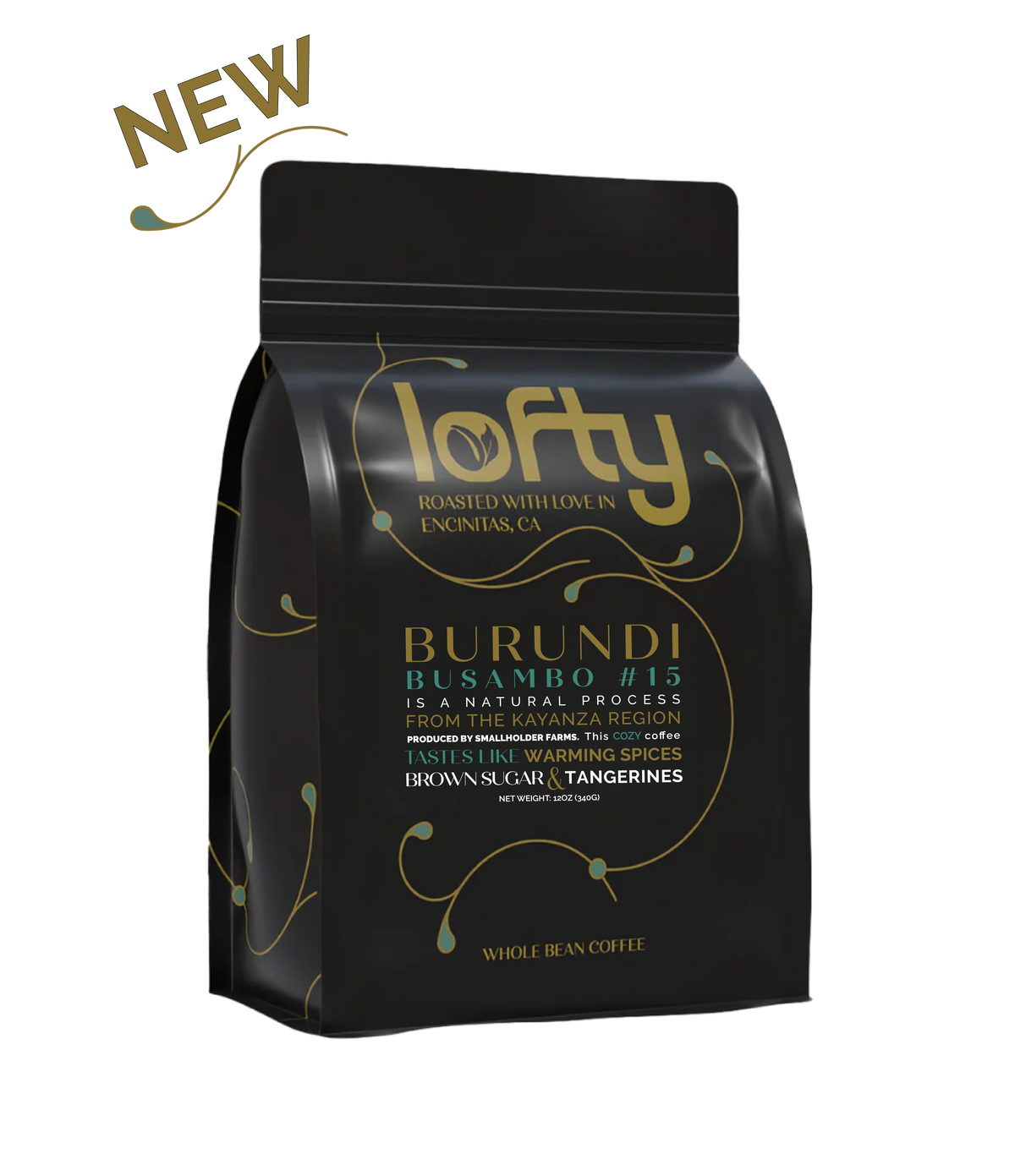 An angled view of Lofty Coffee"s NEW Burundi Basamo #15 coffee bag