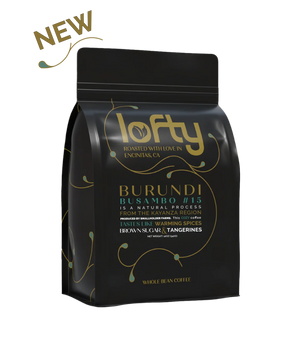 An angled view of Lofty Coffee"s NEW Burundi Basamo #15 coffee bag