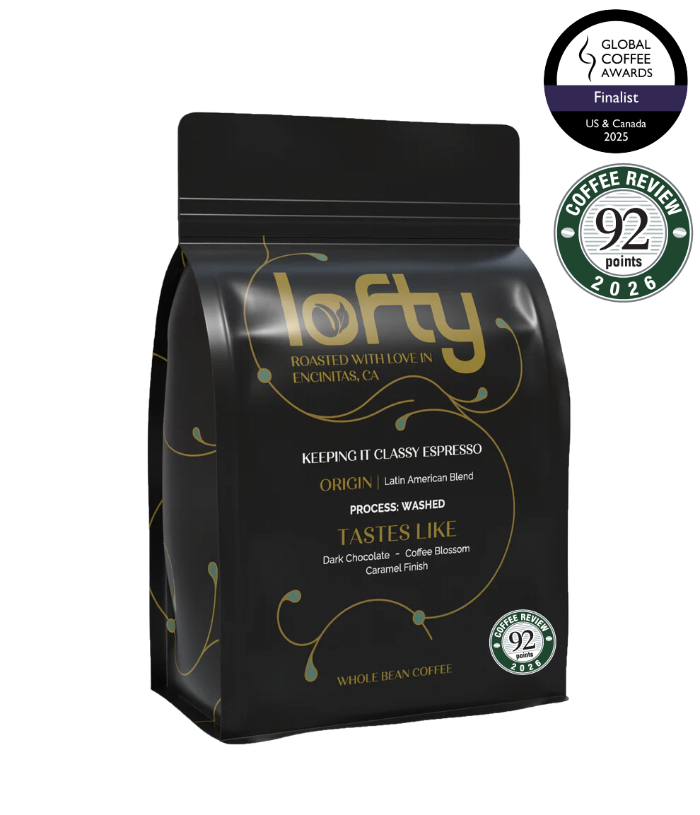 Side View of Keeping it Classy Espresso bag with Coffee review score badge of 92 points 2026 and Global Coffee Awards Finalist for 2025 US and Canada 2025