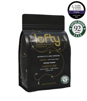 Side View of Keeping it Classy Espresso bag with Coffee review score badge of 92 points 2026 and Global Coffee Awards Finalist for 2025 US and Canada